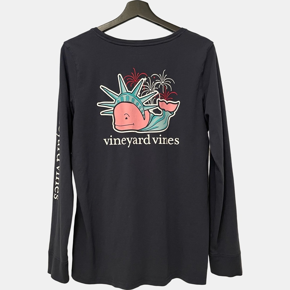 Vineyard Vines Womens Statue of Liberty Whale Long Sleeve Pocket Tee Navy L